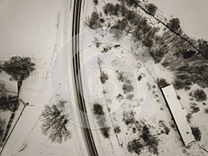 country roads in winter and small village from above - vintage retro look