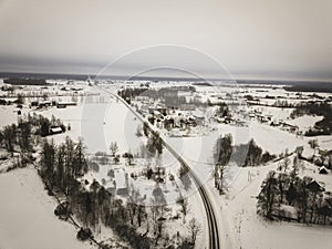 country roads in winter and small village from above - vintage retro look