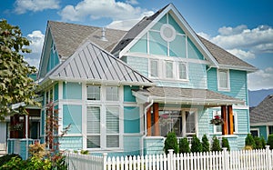 Country Robins Egg Blue Farmhouse Front Exterior Maison House Cloudy Sky Background