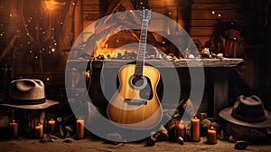 Country and rock and roll: a banner with cowboy elements and guitar