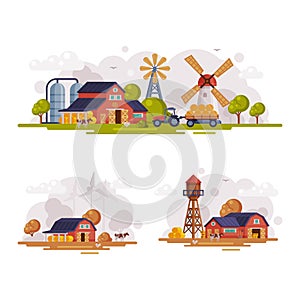 Country or Rural View with Barn House, Windmill and Water Tower Vector Set