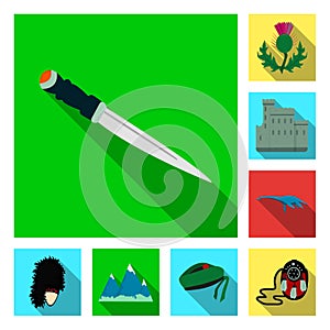 Country Scotland flat icons in set collection for design. Sightseeing, culture and tradition vector symbol stock web