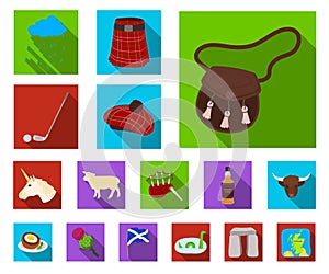 Country Scotland flat icons in set collection for design. Sightseeing, culture and tradition vector symbol stock web