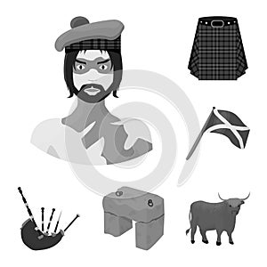 Country Scotland monochrome icons in set collection for design. Sightseeing, culture and tradition vector symbol stock