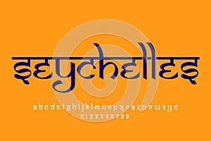 country Seychelles text design. Indian style Latin font design, Devanagari inspired alphabet, letters and numbers, illustration