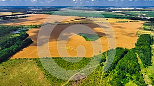 country side agricultural field meadow aerial photography from drone foreshortening from above