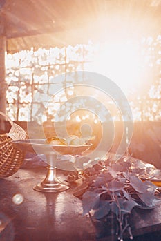 Country side pavilion in sunset rays of light still life