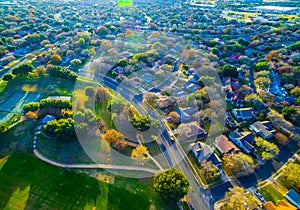 Country side Suburb Homes Austin Texas Aerial Drone shot above Community with Hiking Trails photo