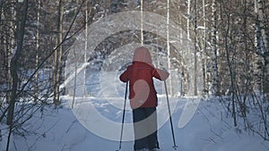 Country skiing through a winter forest. Creative. Rear view of a child skiing in a forest on a winter day, concept of