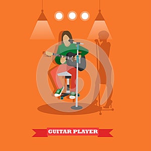 Country song guitarist playing guitar. Music rock band concept banner. Vector illustration in flat style design