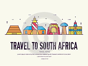 Country South Africa travel vacation of place and feature. Set of architecture, item, nature background concept