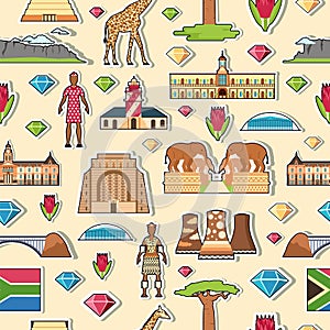 Country South Africa travel vacation places and features stickers. Set of architecture, fashion, people, items, nature