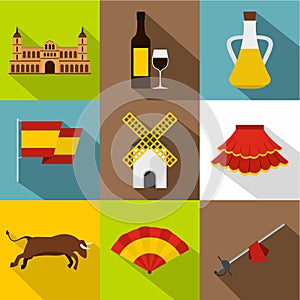 Country Spain icons set, flat style