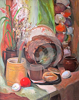 Country still life with a basket, oil painting