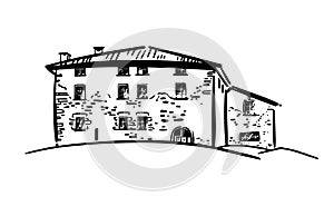 Country stone house Traditional architecture English cottage. Vector hand drawn illustration.