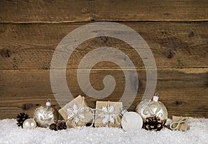 Country style christmas decoration in brown and white colors wit