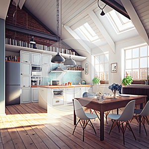 Country style kitchen in a contemporary residential home with an island and modern appliances