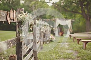 Country-style wedding with wooden arch, mason jar wildflowers, and acoustic music against a wooden fence
