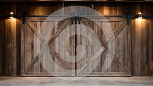 Country Style Wooden Barn Doors with Metal Hardware in a Cozy Setting. Generative AI