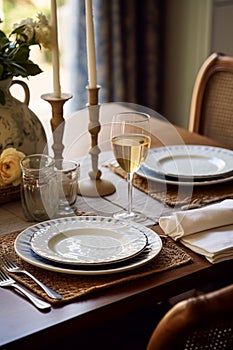 Country tablescape, formal dinner table setting, table scape with elegant tableware and dinnerware for wedding and event