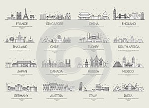 Country thin line icons travel vacation guide places and features. Big set of architecture landscape background concept