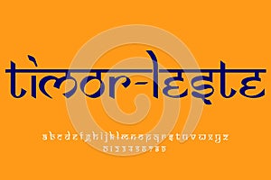 country Timor leste name text design. Indian style Latin font design, Devanagari inspired alphabet, letters and numbers,