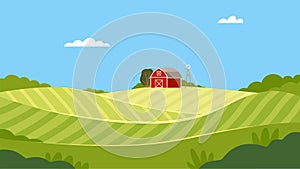 Country View with Sown Field, Barn House and Pasture Land as Green Landscape Vector Illustration