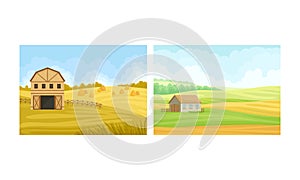 Country View with Sown Field, Barn House and Pasture Land as Green Landscape Vector Set