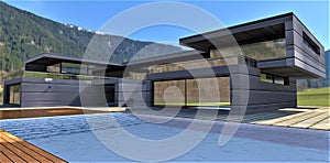 Country villa with a pool in the mountains. Futuristic design facade decoration with aluminum panels. Translucent steps under