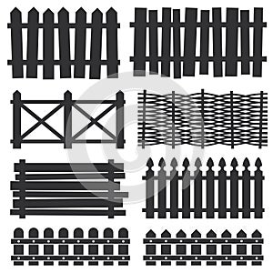 Country wooden fences, palisade vector silhouettes