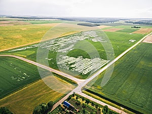 Countryside with an aerial view of farming fields