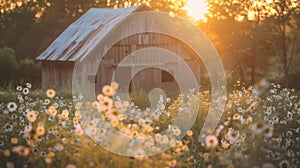 A countryside barn is enveloped in the warm glow of the golden hour, with wildflowers dotting the landscape, creating a