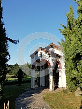 Old church in the field with cypresses photo