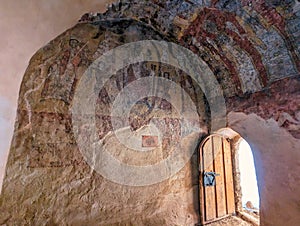 Countryside chapel of San Esteban, romanic style, X century, Viguera village, Cameros, La Rioja, Spain