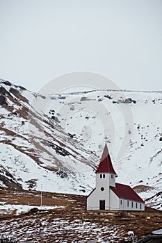 Countryside church stand alone on hills in Vik, i Myrdal Iceland