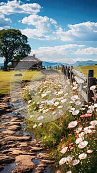 The countryside comes alive with wildflowers in myriad hues, set against the backdrop of a timeworn wooden fence.