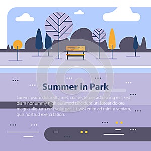 Countryside concept, small bench and trees, river current, beautiful view