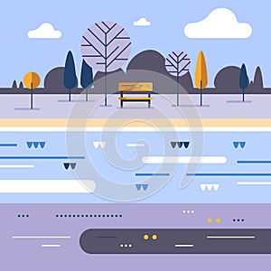 Countryside concept, small bench and trees, river current, beautiful view