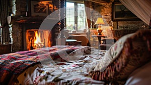 A countryside cottage bedroom with a fourposter bed and a roaring fireplace inviting you to snuggle up under the covers