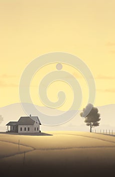 Countryside Dawn with Farmhouse and Lone Tree