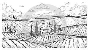 Countryside engraving. Vintage landscape sketch with rural hills, fields and farm house. Vector hand drawn country