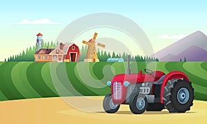 Countryside Farm Landscape. Tractor in the foreground and a farm on the horizon. Vector concept