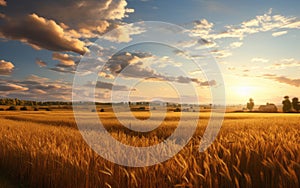 Countryside in a flat, plain area, wheat field illuminated by warm sunlight, highlighting a sustainable organic farm