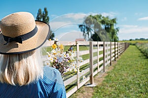 Countryside Getaways, Country vacations, Farm Stays. Young woman in straw hat enjoys summer vacation at the farm in