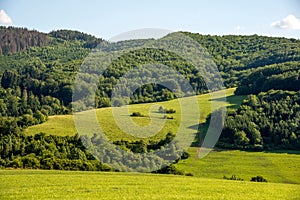 Countryside at high noon. Rural scenery with trees and fields on the rolling hills at the foot of the ridge