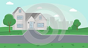 Countryside house color vector illustration. Family house, two storey cottage, townhome with front yard, road and