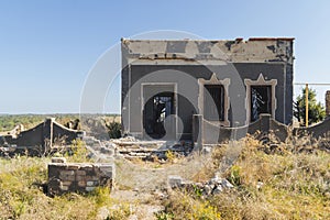 Countryside. A house destroyed by shelling. War in Ukraine