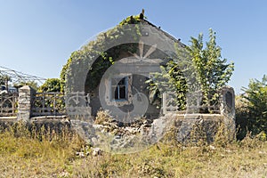 Countryside. A house destroyed by shelling. War in Ukraine