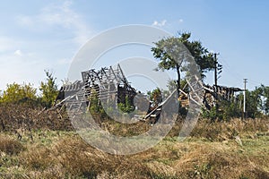 Countryside. A house destroyed by shelling. War in Ukraine