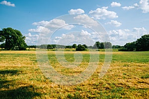 Countryside land in sunny summer day, agricultural fields, blue sky and clouds. Countryside landscape Germany